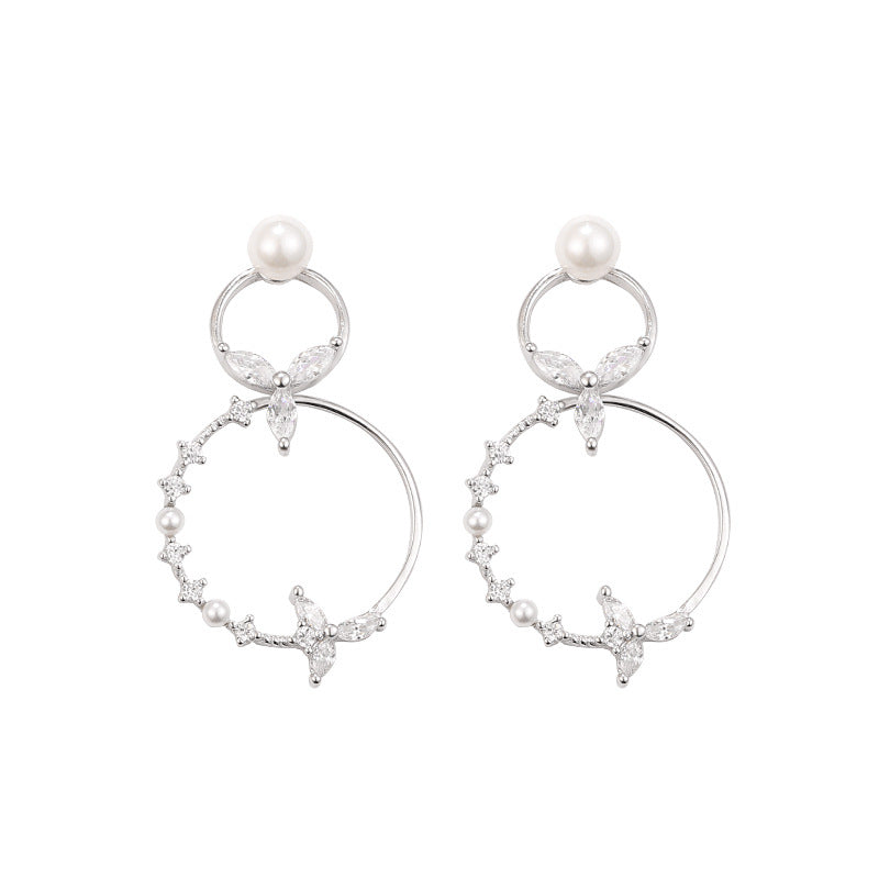 Sterling Silver Double Circle Pearl Drop Earrings